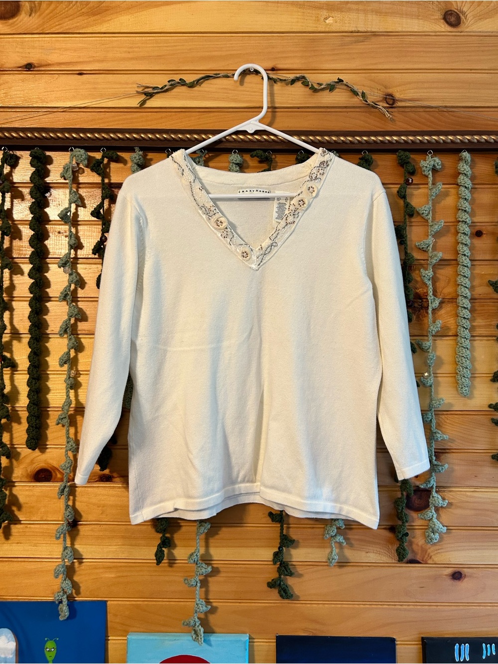 Vintage V-Neck Embellished Cottagecore Top in Cream